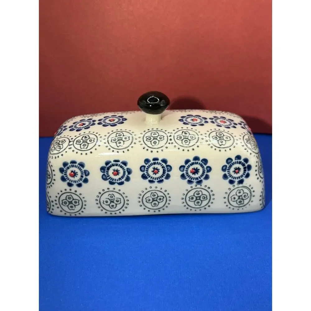 Royal Ceramic Butter Dish Blue & Cream Red Dots are Raised